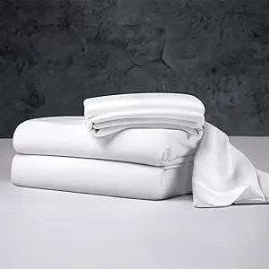 LIANLAM Luxury 100% Organic Tencel Cooling Sheets Queen Size, Expertly Crafted from Austrian Eucalyptus, Silky Soft Lyocell Sheets with 6"-18" Deep Pocket, Hypoallergenic Bed Sheet SetQueen, White