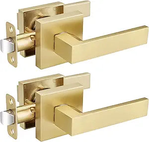2 Pack Gold Door Handles Interior, Closet Door Knob Without Lock, Keyless Passage Door Knob for Hallway, Modern Lever Door Handle, Reversible for Left/Right Doors