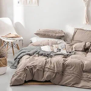 Duvet Cover Set Queen Size Washed Cotton Breathable Bedding Solid Color Taupe 1 Comforter Cover 2 Pillowcases Super Soft Durable Hidden Zipper & Corner Ties Decorative Stripe Cloth