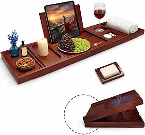 Bathtub Tray & Bath Tray for Tub  Expandable Bamboo Bath tub Tray, Bathtub Caddy, Adjustable Foldable Waterproof Bath Trays for tub with Phone, Wine Glass, Book & Tab Holder (Free Soap Dish)