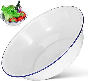 Vintage Enamel Mixing Bowl, 11.81 Inch Large White Enamel Wash Basin for Dough, Fruit, Salad, Popcorn, Farmhouse Retro Enamelware with Smooth Surface, Easy to Clean