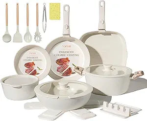 23Pcs Ceramic Cookware Set Non Stick Pots and Pans Set Non Toxic with Detachable Handle Induction Kitchen Cookware Set Space Saving, Oven & Dishwasher Safe, Cream White