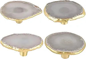 moonsix Set of 4 Agate Slice Cabinet Drawer Knobs with Golden Electroplated Edges, Vintage Drawer Pull Handles Decoration, Natural Color