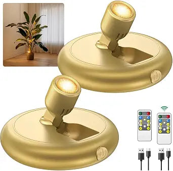 Rechargeable Battery LED Spotlight Indoor: Wireless Mini Art Accent Spot Lights with Timer Remote - Small Dimmable Uplight for Plants Display Painting Dartboard Artwork Portrait Closet (2 pack-gold)