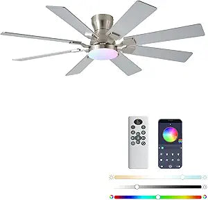 JSAITEE 52 inch Ceiling Fan with Light, 6 Speeds Reversible Low Profile Ceiling Fan with Light and Remote/APP Control, 3 Color Temp+Dimmable RGB, 8 Blades, Flush Mount Quiet Ceiling Fans, Nickel