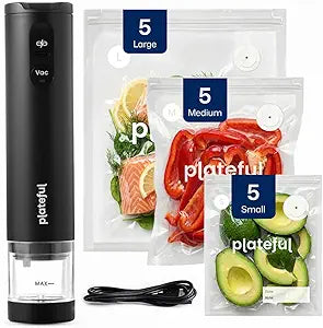VacuSeal Handheld Vacuum Sealer for Food (15 Bags Included) - Rechargeable, Portable Cordless Food Vacuum Bag Sealer Machine, One-Touch, Compact Mini Seal for Storage, Sous Vide & Freezer Preservation