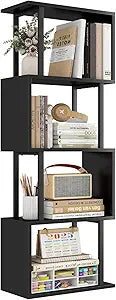 Gadroad 4-Tier Bookshelf, Narrow S-Shaped Geometric Bookcase, Wood Decorative Storage Shelving, Modern Freestanding Display Shelves, Book Shelf Unit for Living Room Bedroom Home Office, Black