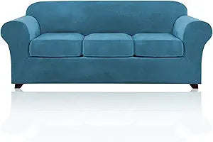 PrinceDeco Velvet Couch Covers for Sofa Soft 4 Pieces Couch Covers for 3 Cushion Couch Sofa Pet Friendly Furniture Protector with Non Slip Elastic Bottom Width Up to 90 Inch (Large, Blue)