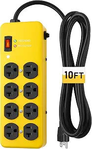 KeBen 20A Heavy Duty Power Strip Surge Protector,Yellow,12 Gauge,8AC/10FT