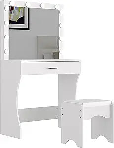 Vanity Desk with Mirror and Adjustable Lights, One Drawer Storage Makeup Table with Stool - Vanity Set for Bedroom (White)