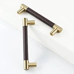Linkaa 10 PackBrown and Gold Drawer Pulls Handles5 Kitchen Cabinet Handle Knobs, Brushed Gold Dresser Pulls and Knobs Modern Dresser Cabinet Hardware (Brown Leather & Brushed Brass)