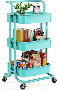 Pipishell 3 Tier Mesh Utility Cart, Rolling Metal Organization Cart with Handle and Lockable Wheels, Multifunctional Storage Shelves for Kitchen Living Room Office Turquoise