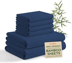 Queen 6 Pieces 100% Viscose Derived from Bamboo Sheet Set, Silky Smooth Soft Bedding with Deep Pocket UP to 16, Organic & Oeko-TEX Certified Cooling Bed Sheets, Navy