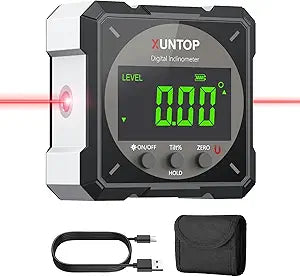 XUNTOP USB Charging Digital Level Box Angle Finder with Laser (Class 2 Laser, <1mW), 4-Side Magnetic Angle Gauge IP54 Waterproof Inclinometer Level, Saving time and Effort Hanging Decorations-Black