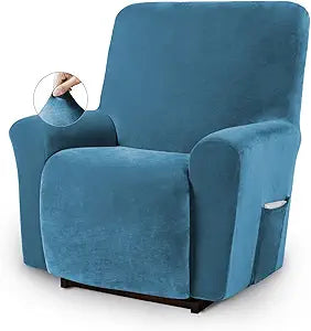 Asnomy Recliner Chair Covers Lazy Boy Recliner Covers with Pockets Stretch Velvet Couch Cover Slipcovers 1-Piece Furniture Protector for Dogs Cats, Peacock Blue