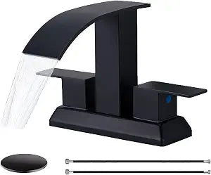 SHACO Black Bathroom Faucet, 4 Inch Centerset Bathroom Faucet 3 Hole, Matte Black 2 Handle Waterfall Bathroom Sink Faucet with Pop Up Drain and Supply Hoses, SC-BF203