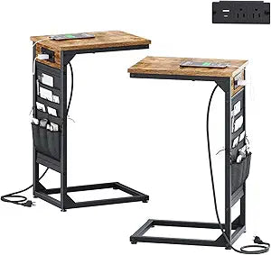 C-Shaped End Tables Set of 2, Small Couch Side Table with Fast-Charging Station, Sofa TV Tray Table with Storage Bag for Living Room, Bedroom, Bedside ET-BR-2