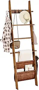 ELYKEN Blanket Ladder for Living Room, 5-Tier Wooden Towel Rack with Synthetic Leather Pocket, 4 Removable Hooks, Decorative Leaning Ladder Shelf for Bedroom, Walnut