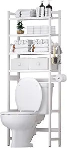 Cozivolife Over The Toilet Storage: 4-Tier Bamboo Organizer Rack with 2 Baskets & Paper Holder & 4 Hooks & Waterproof Feet Pad, Adjustable Freestanding Shelf for Bathroom (White)