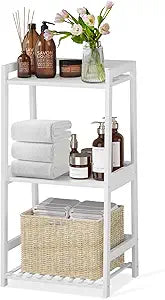 POXAKA 3 Tier Bamboo Bathroom Shelves, Ladder Shelf for Storage, Rustic Home Organizer, Space-Saving Design, Stylish Display Nightstand, Stylish Storage Solution for Home, Living Room, Kitchen
