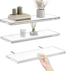 Acrylic Floating Shelves for Wall, Wall Mounted Shelf for Storage and Decor, Floating Shelf Organizer for Bedroom, Living Room, Bathroom, Kitchen (Clear, 15.5" W x 7" D x 0.5" H)