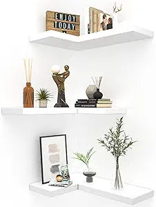 NATURE'S SOURCE Floating Corner Shelves with Invisible Brackets Set of 3, Corner Shelves Wall Mounted, for Home Bedroom Bathroom Kitchen Living Room Office- 16.1" x 11.5" (Pure White)