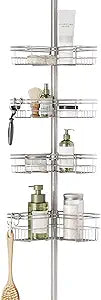 Zenna Home Tension Pole Shower Caddy Corner Organizer, Adjustable Standing Shower Caddy with 4 L-shaped Baskets and Hooks, Rust Resistant Bathroom Tension Rod Organizer, 60 to 97 Inch, Satin Nickel