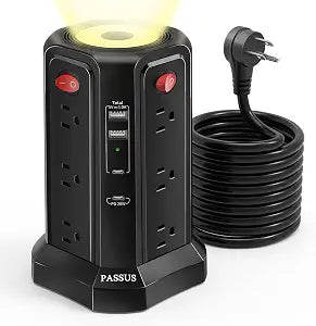 PASSUS Tower Power Strip 16 FT Cord PD20W USB C with Night Light, Black