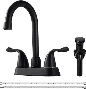 HOTIS Matte Black 4-Inch Centerset Bathroom Faucet, 2-Handle 3-Hole Sink Faucet with Pop-up Drain & Supply Lines, HT-BF201