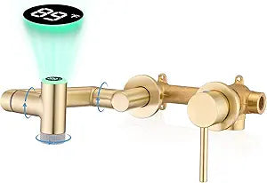 720 Rotatable Wall Mount Bathroom Faucets, Temperature Display Wall Mounted Bathroom Faucet, Adjustable Led Bath Faucet with 2 Water Outlet Modes, Single Handle LED Faucets with Light, Brushed Gold