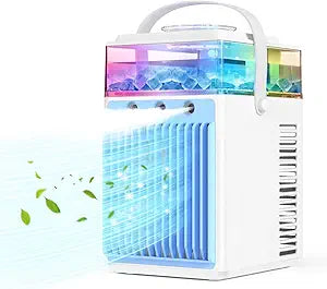 Portable Air Conditioners, 4-IN-1 Evaporative Air Cooler with App Control, 800ml Water Tank, Rechargeable Mini Air Conditioner, 3 Speeds & 3 Mist, Colorful Night Light Cooling Fan (White)