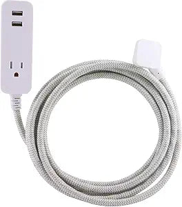 Cordinate Designer 1-Outlet 2-USB Charging Extension Cord with Surge Protection, Gray Braided Dcor Fabric Cord, 10 ft, 2.4A USB Charging Ports, with Tamper Resistant Safety Outlets, 37917