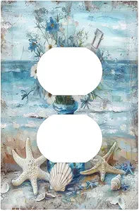 Decorative Outlet Covers with Starfish Shell Vase Flower Ocean Oil Painting Design 1 Gang Duplex Light Switch Cover Plate Unique Wall Plates Electrical Switchplate Cover for Bedroom Decor