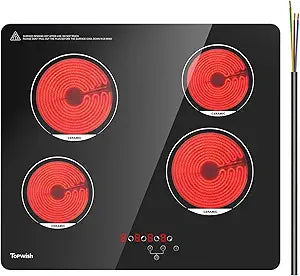 TOPWISH 24 Inch Electric Cooktop, 4 Burners Built-in Electric Stove Top Hot Plate, 6000W Drop-in Ceramic Cooktop Kitchen Stoves with Touch Control, Safety Lock, Timer, 220-240v (Hard Wired No Plug)