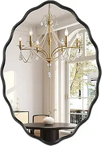 Oval Bathroom Mirror Wall Mounted Large Decorative Wall Mirror for Living Room, Bedroom, or Entryway  Vintage Sunburst Design with Beveled Detailing  Wavy Frame Vanity Mirror (Black)