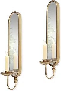 Set of 2 Vintage Gold Iron Candle Sconce and Mirror, Rustic Metal Wall Candle Holders for Pillar Candles Wall,Living Room, Bathroom, Dining Room(Size:3.94x15.94x3.9inches)