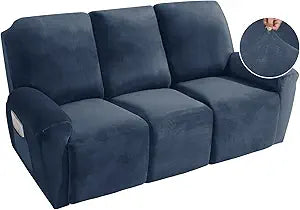 MAXIJIN 8 Pieces Recliner Sofa Covers, Stretch Velvet Reclining Couch Covers for 3 Cushion Furniture Covers, Thick, Soft, Washable Reclining Sofa Slipcovers (Sofa Recliner, Navy Blue)