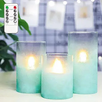 Blue Flameless Candles with Remote Aqua Glass Handmade Sandblast Battery Operated Candles Flickering Decorative LED Pillar Candles for Home Bathroom Coastal Theme Wedding Decorations