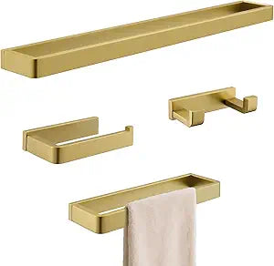 Bathroom Hardware Accessories Set Brushed Gold Towel Bar Set Square Bathroom Accessories Kit 4-Piece Towel Holder Set Stainless Steel Wall Mounted,23.6 Inch Towel Bar