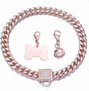 Rose Gold Chain Dog Collar 10MM/14MM Cuban Link Dog Collar Chew Proof Stainless Steel Chain Collar for Small Medium Large Dogs 10-26Inch(14mm,20inch)