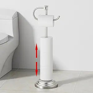 RUMOSE Toilet Paper Holder Stand for Floor, Brushed Nickel Bathroom Free Standing Toilet Tissue Roll Holder with Storage, Adjustable 17-25 Inch, SUS304 Stainless Steel