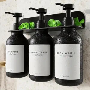 Bathroom Upgrade Set - 6.7 Inch Adult Toilet Squatting Stool & Wall Mounted 3-Chamber Shampoo and Conditioner Dispenser, Non-Slip Poop Stool with Matte Black Refillable Pump Bottles for Home Restroom