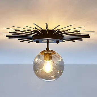 UOFUS Small Black Flush Mount Ceiling Light with Glass Globe Sputnik Starburst Chandelier 1-Light Close to Ceiling Light Fixture for Hallway Dining Room Bedroom Kitchen Foyer Closet Bathroom