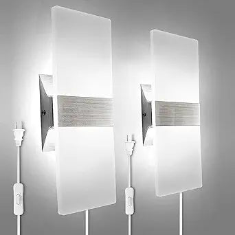 KICAAO Wall Sconces Set of Two, Modern Wall Sconce Plug in 10W 6000K Cool White Acrylic Wall Lights with 6FT/180cm Plug in Cord and On/Off Switch on The Cord