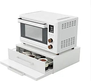 Steel Microwave Stand with Pull-Out Drawers & Shelves - Kitchen Countertop Organizer for Coffee Station & Appliance Storage (White+Drawer+Shelf)