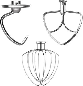 3-Piece Stainless Steel Mixer Attachment Kit for KitchenAid 4.5/5 QT Tilt-Head Mixers, K45WW Wire Whip, K45DH Dough Hook & K45B Coated Flat Beater, Baking Essentials Set, Dishwasher Safe