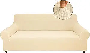 Stretch Sofa Slipcover for 3 Cushion Couch, Washable Pet Friendly Furniture Protector with Non Slip Elastic Bottom for Dogs,Kids,Jacquard Fabric Small Checks (Large,Champagne)