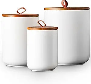 JOJUNO White Ceramic Food Storage Canister Set (30 oz, 48 oz, 82 oz) with Bamboo Lids, 3-Piece Airtight Jars for Flour, Sugar, Coffee, Tea, Oats, Spice  Kitchen Storage Containers with Lids