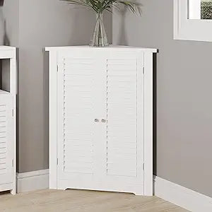 HYGRAD BUILT TO SURVIVE Wooden Triangle Bathroom - Kitchen Corner Shelves Cabinet with Shutter Doors, Free Floor Standing Adjustable Shelf Organizer Unit, for Living Room, Entryway