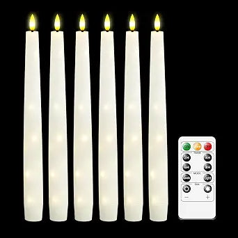 Nimiko Flameless Taper Candles with Star Lights, Remote Control, and Timer Control, Made of Real Wax, LED Battery-Powered Candles Suitable for Home, Party, and Wedding Decorations 6-Pack White